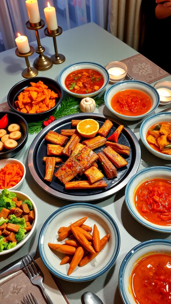 A festive Korean Christmas dinner with bulgogi, tteokbokki, and kimchi on a decorated table.